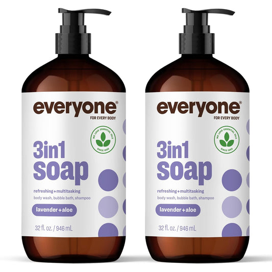 Everyone 3-In-1 Soap, Body Wash, Bubble Bath, Shampoo, 32 Ounce (Pack of 2), Lavender and Aloe, Made with Essential Oils for Men and Women